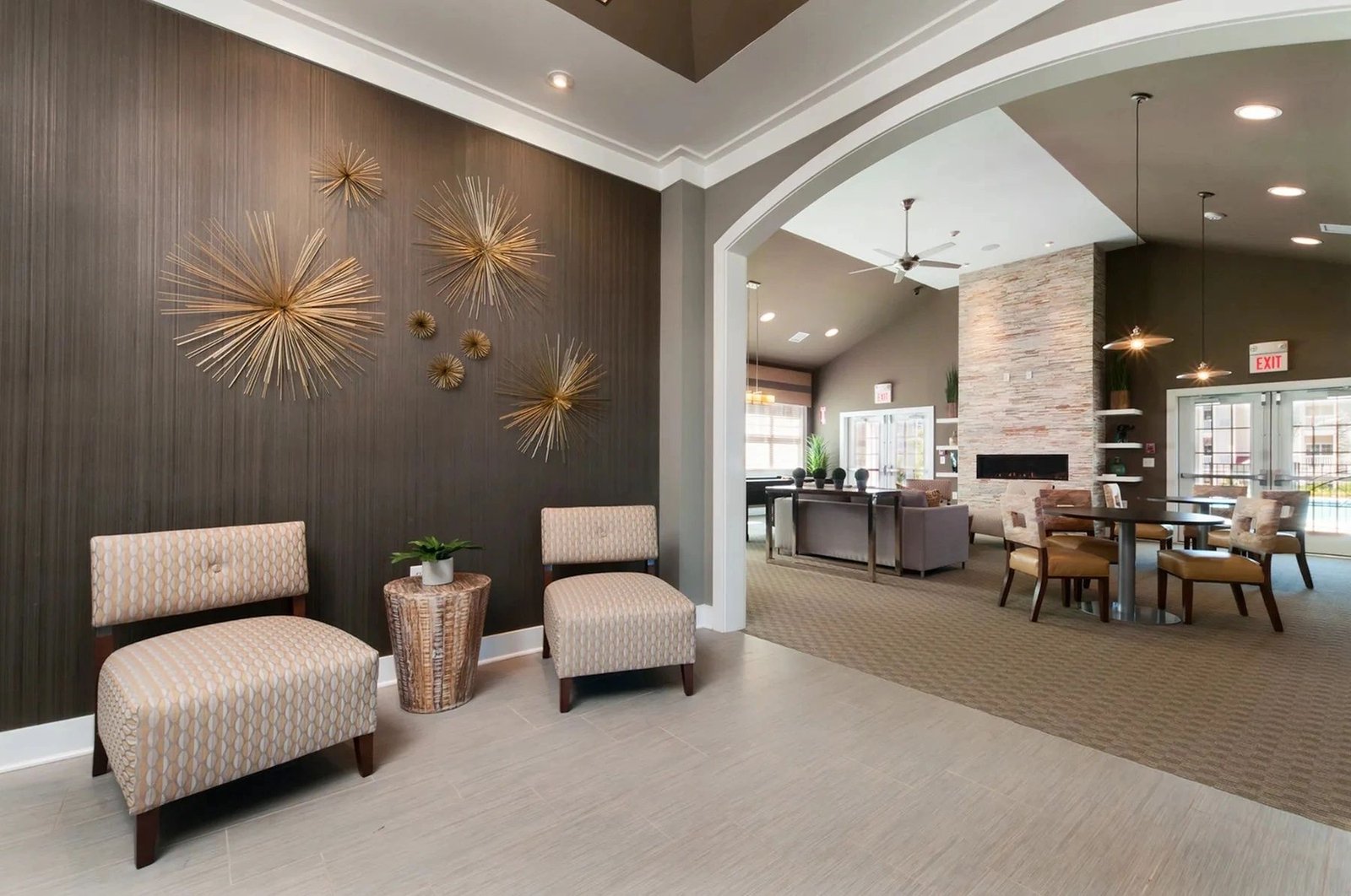 Clubhouse lounge with a stone fireplace